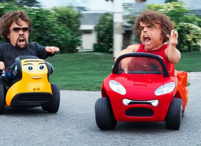 Image similar to peter dinklage and warwick davis driving a little tikes cars, movie still, from the new fast and furious movie, 8 k, realistic