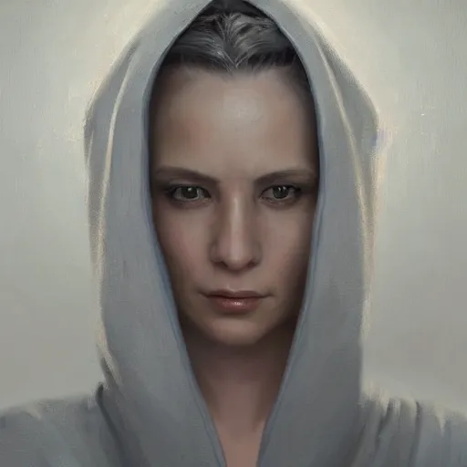 Prompt: An oil painting of a stunningly beautiful female dressed in priest robes, 50 years old, short grey hair, trimmed beard, sharp facial features, beautiful, highly detailed, by Cédric Peyravernay, by greg rudkowski, trending on artstation