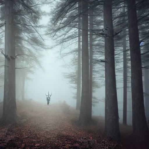 Prompt: a very detailed photograph of a wendigo in a dark foggy forest 4 k, high resolution, still, landscape, hd, dslr, hyper realistic