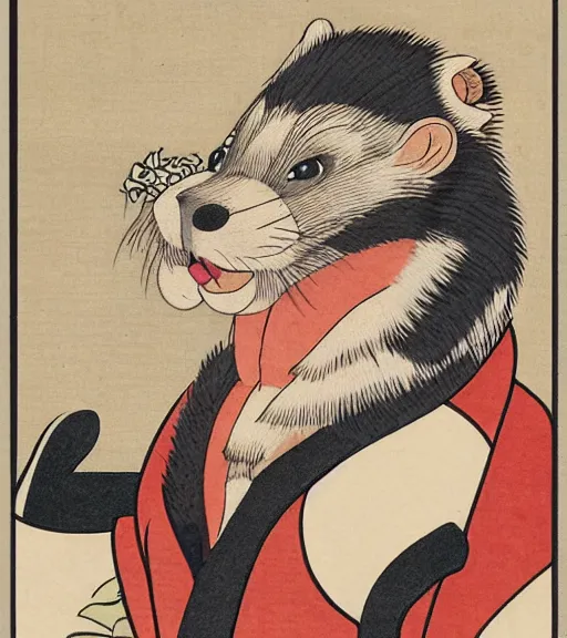 Image similar to ukiyo-e ukiyoe portrait of furry anthro anthropomorphic badger head animal person fursona wearing clothes sitting in a living room