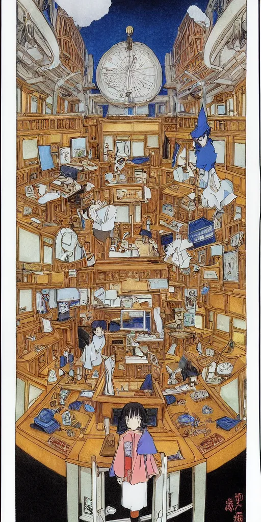 Image similar to a court room with a justice scale on the desk, drawn by a famous anime artist Hayao Miyazaki, high quality, fine lines, amazing detail. colored, intricate ink painting, the justice tarot card, concept art psychedelia,