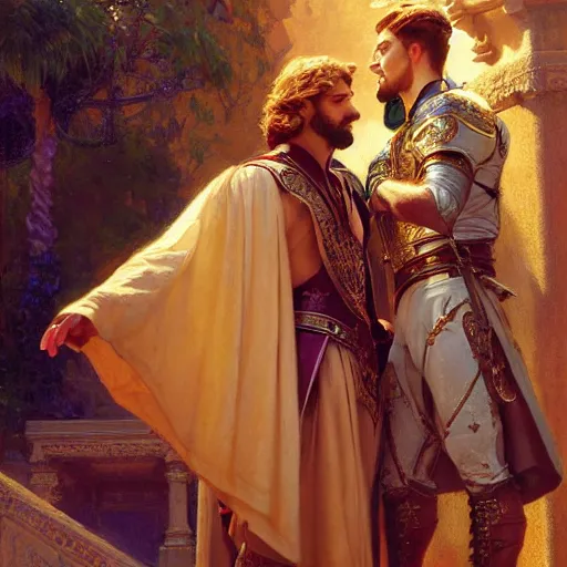 Image similar to attractive fully clothed king confesses his love for his attractive fully clothed male prince. highly detailed painting by gaston bussiere, craig mullins, j. c. leyendecker 8 k