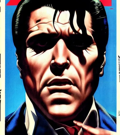 Prompt: a beaten up cyberpunk mafia boss in a suit with slicked back black hair played by marlon brando staring at the camera, 1 9 7 9 omni magazine cover, style by vincent di fate, artgerm, very coherent, detailed, 4 k resolution, dark, unreal engine, daz