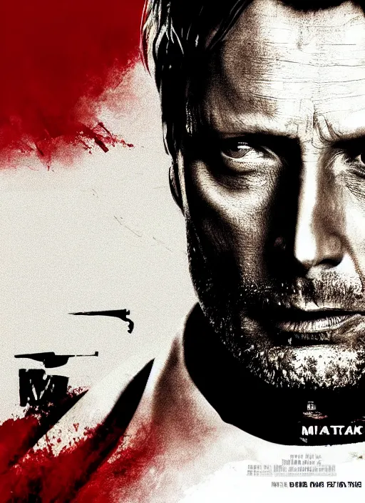 Image similar to movie poster of Mads Mikkelsen in Kill Bill, highly detailed, HD, 4K