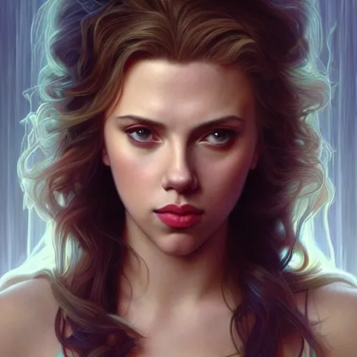 Prompt: young Scarlett Johansson from another dimension, cinematic lighting, intricate, elegant, highly detailed, digital painting, artstation, sharp focus, illustration, art by artgerm and greg rutkowski and alphonse mucha and Wayne Barlowe and william-adolphe bouguereau