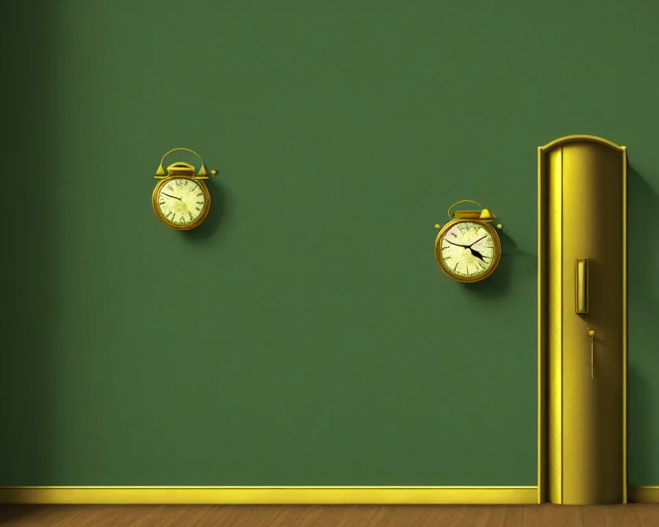 Image similar to an achingly beautiful print of modern gold clocks on a dark green wall by Raphael, Hopper, and Rene Magritte. detailed, romantic, enchanting, trending on artstation.