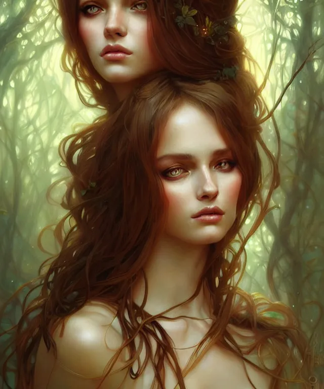 Image similar to Forest nymph woman portrait, amber eyes, face, long hair, fantasy, intricate, elegant, highly detailed, digital painting, artstation, concept art, smooth, sharp focus, illustration, art by artgerm and greg rutkowski and alphonse mucha