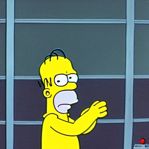 Prompt: a still of homer simpson from die hard ( 1 9 8 8 ), long shot, 1 5 0 mm