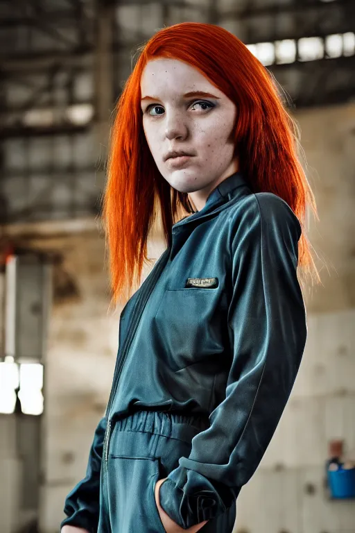 Prompt: portrait photo of a beautiful teenage girl in a futuristic jumpsuit. Red hair, freckles. In an industrial environment. Shallow depth of field. Strong keylight. Highly detailed.