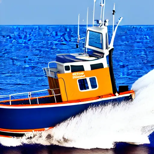Prompt: uk registered fishing trawler, fishing boat, commercial fishing, rough seas, net towed behind boat
