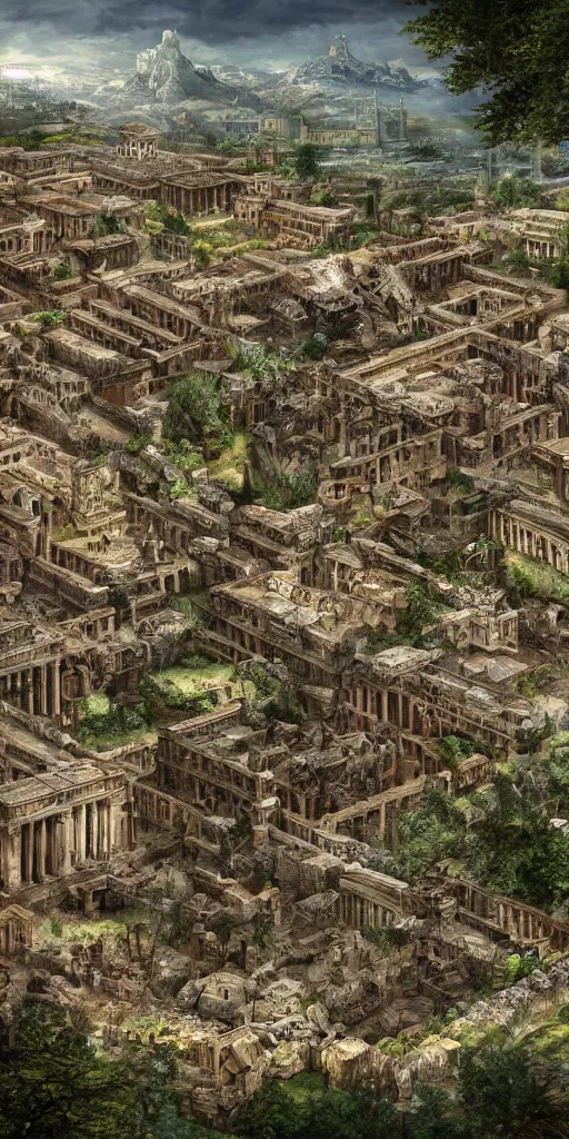 Image similar to sprawling roman city built at the base of a collosal tree, wide shot, digital art, detailed, fantasy