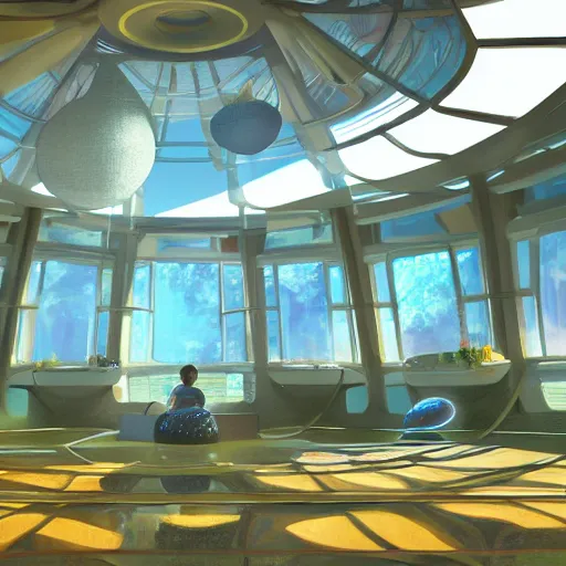 Prompt: detailed artstation style, futuristic utopian fantasy, Sol Retreat, interior, health spa and meditation center, indoor pool, sunlight through windows, vibrant, futuristic utopian architecture