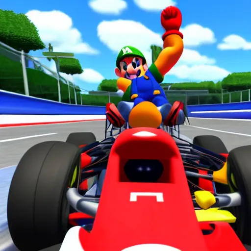 Prompt: Gameplay screenshot of Max Verstappen in Mario Kart, Nintendo, Red Bull