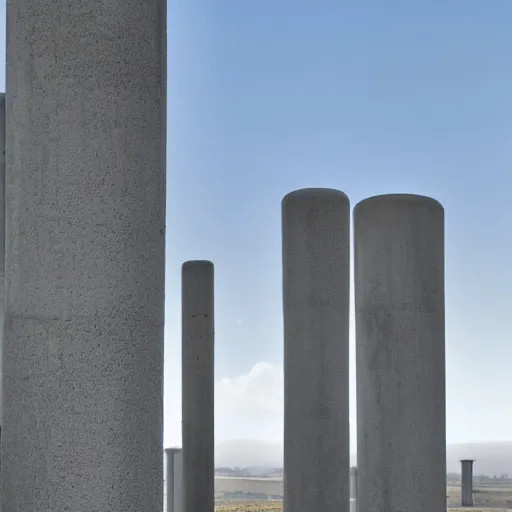 Prompt: a flate endless plane of concrete covered in concrete pillars that go on to the horizon, open sky, blue sky with clouds