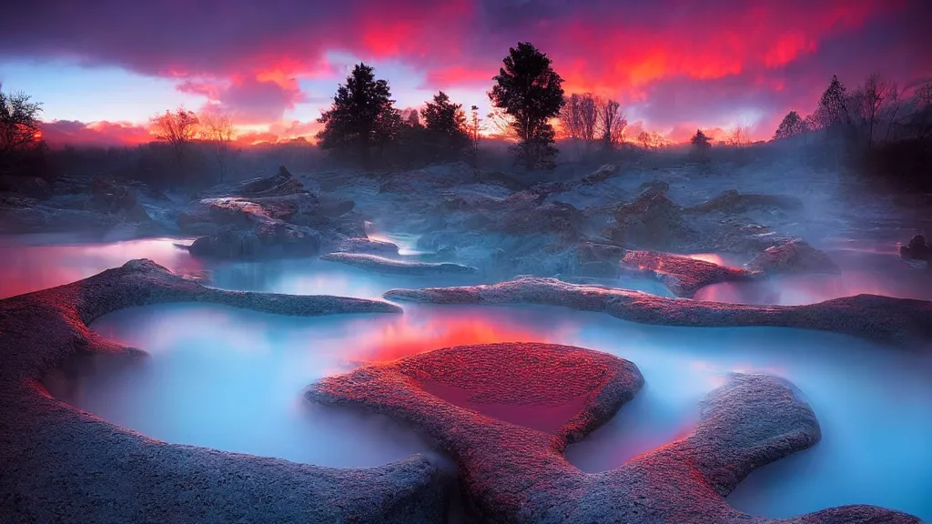 Prompt: amazing landscape photo of hot springs in sunset by marc adamus, beautiful dramatic lighting