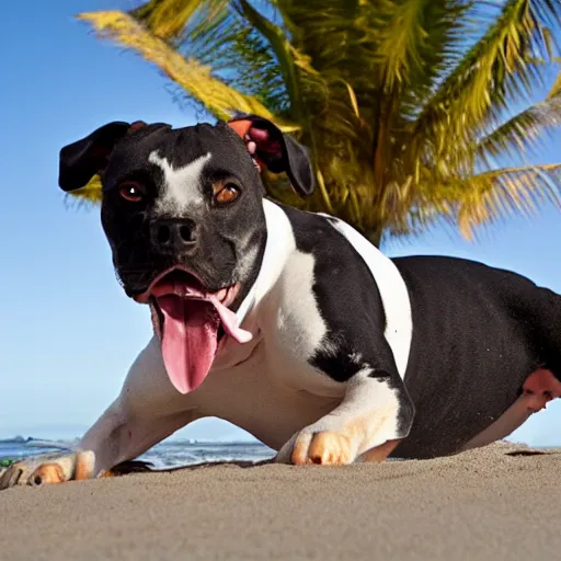 Image similar to an american pitpull terrier on an island beach with palm trees in the background