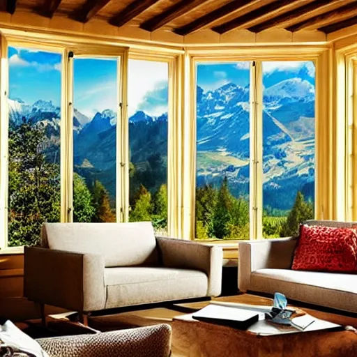 Image similar to fantastical living room with switzerland landscape in the window