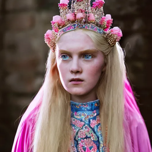 Image similar to an infallible princess with long blonde hair and blue eyes wearing a elaborately beaded pink dress and pink conical hennin, high resolution film still, live-action film by Simon Langton