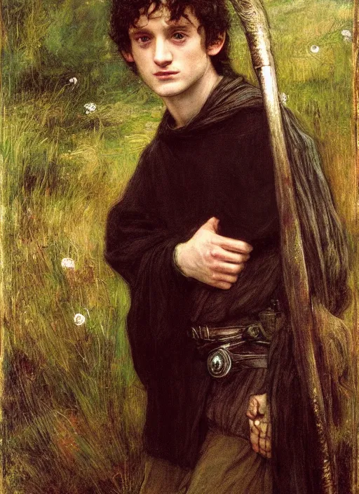 Image similar to a beautiful painting of frodo by John Everett Millais and Dante Gabriel Rossetti and John Collier and john william waterhouse, pre-raphaelite, detailed, trending on artstation, hd, masterpiece