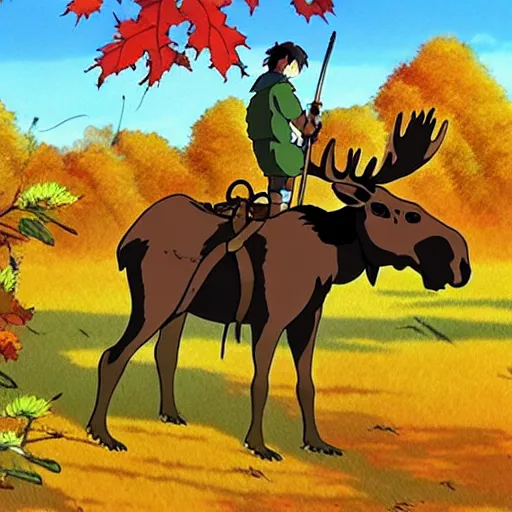 Prompt: Autumn moose hunter, studio ghibli, ultra detailed