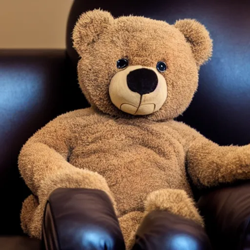 Image similar to a teddy bear wearing business casual clothes sitting on a couch, creepy 4 k photo