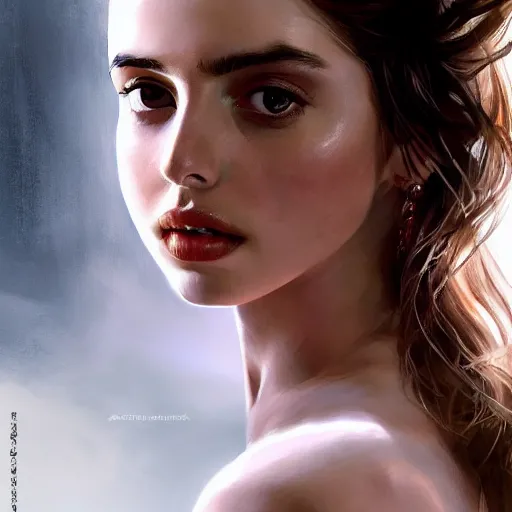 Image similar to portrait of beautiful happy young ana de armas wearing a beautiful silky white dress, painted by greg rutkowski, stanley artgerm, igor kieryluk, coherent, hyper realistic