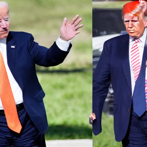 Prompt: Joe Biden with Trump’s orange makeup and bad hair on a windy day