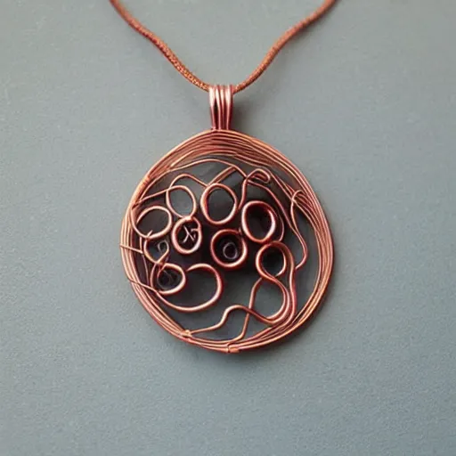 Prompt: a beautiful circular pendant that is half sand half dirt and bound together by copper wire