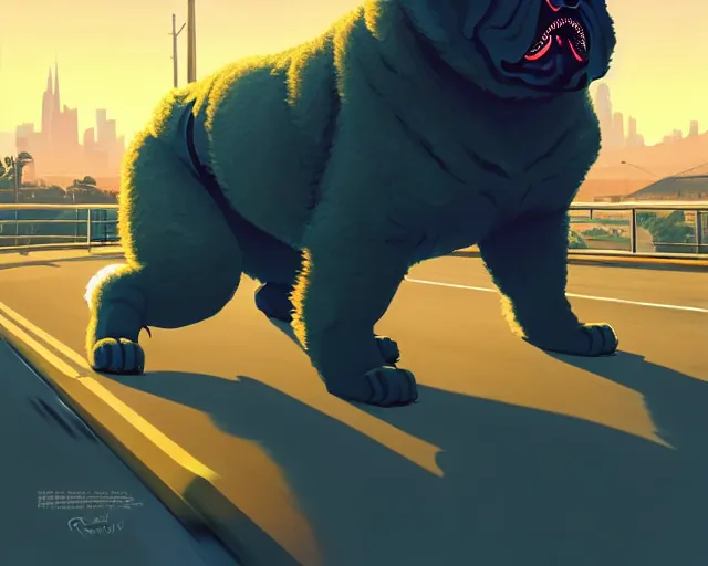 Image similar to robot shaped like a chow chow, hyper - realistic, gta v cover art, celshading, sharp focus, intricate, detailed, rhads, andreas rocha, makoto shinkai, lois van baarle, ilya kuvshinov, greg rutkowski, dynamic lighting, grunge aesthetic, 4 k