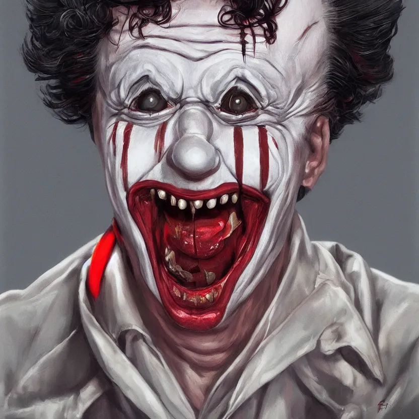 Prompt: hyperrealistic portait of Gerald Gallego as a killer clown from outer space, trending on artstation, portrait, sharp focus, illustration, art by artgerm and greg rutkowski and magali villeneuve