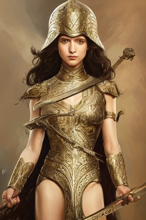 Image similar to attractive young female wielding an ancient sword, ornate metallic helmet, battle armor, olive skin, long dark hair, beautiful bone structure, intricate, elegant, highly detailed, digital painting, artstation, concept art, smooth, sharp focus, illustration, art by artgerm and greg rutkowski and alphonse mucha