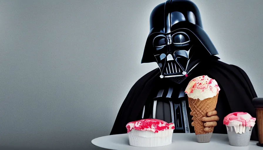 Image similar to darth vader with a birthday - hat eats icecream, photorealistic rendering, hyperdetailed, octane, redshift, atmospheric lighting, cinematic composition, wallpaper