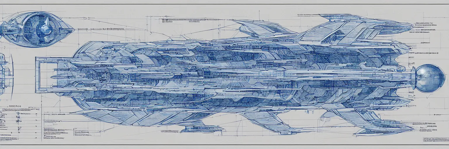 Image similar to blueprint for a sentient starship, technical drawing with annotations and notes in the margins, algorithms and physics equations, concept design by peter mohrbacher and craig mullins and hiroshi yoshida and james jean and frank frazetta and michael whelan and andreas rocha