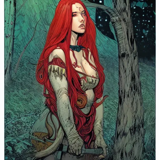 Image similar to a beautiful comic book illustration of a vamapire woman with long red hair in the forest at night by Jerome Opeña, featured on artstation