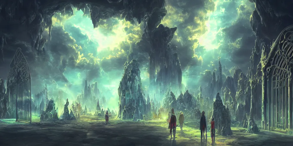 Prompt: [ palate ] [ vibrant gothic colors ] lost alien souls waiting at the giant gateway to heaven, vibrant neon nebulous clouds, radiant light rays, photorealistic illustration, intricate and fine details, volumetric lighting, artstation, god figure at the gate