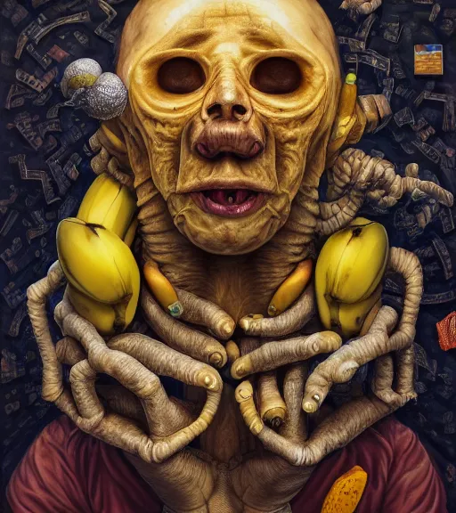 Prompt: portrait, nightmare anomalies, banana by dariusz zawadzki, kenneth blom, mental alchemy, james jean, pablo amaringo, naudline pierre, contemporary art, hyper detailed