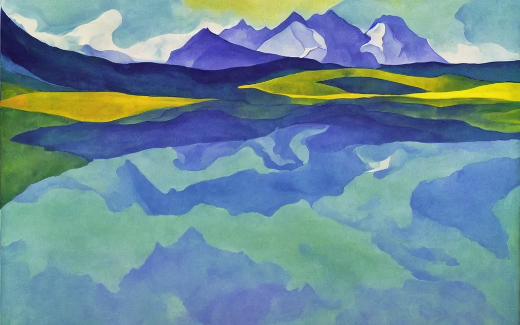 Image similar to the alps and reflection in a lake in the style of georgia o keeffe. colorful, wavy. painting. medium long shot. perspective. color palette of blue, yellow, purple, green.