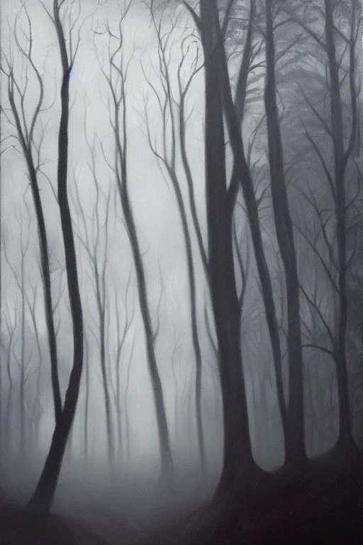 Image similar to dark and spooky woods featuring a menacing werewolf silhouette. atmospheric, foggy, oil painting on canvas. fairytale