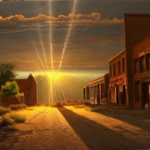 Image similar to oil painting of american landscape, western town, dusty street, sunrays, dramatic, very very very beautiful nature art, romanticism