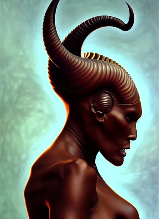 Image similar to grace jones as an devil, aesthetic, fine art, intricate, elegant, highly detailed, realistic hair, centered, digital painting, art station, conceptual art, soft, sharp focus, illustration, artwork, artgerm, tomasz alen kopera, peter mohrbacher, donato giancola, wlop, boris vallejo