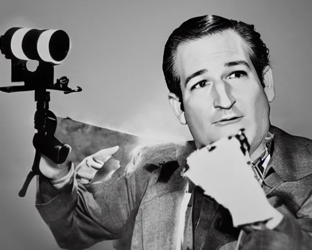 Prompt: bloody ted cruz holding knife with searchlight overhead, film reel, technicolour film