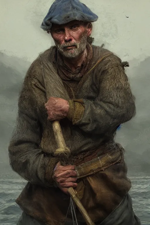 Image similar to medieval fisherman, close-up portrait, poor, intricate, elegant, volumetric lighting, scenery, digital painting, highly detailed, artstation, sharp focus, illustration, concept art,ruan jia, steve mccurry