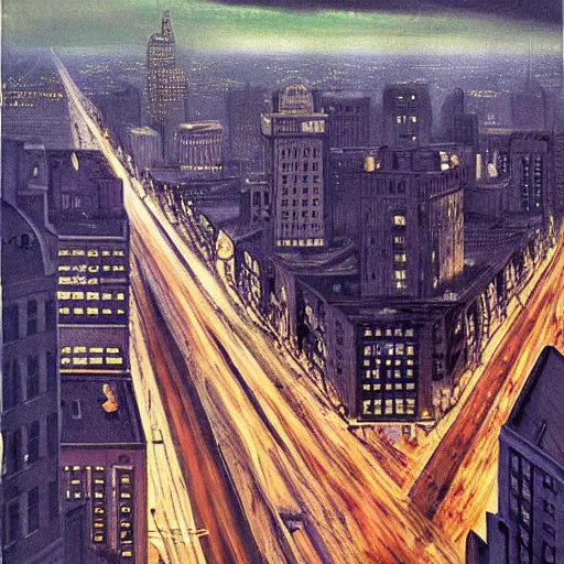 Image similar to photorealistc painting of a nightmarish boston downtown skyline in 1 9 2 5 at night with a horrifying sky, aerial view, dark, brooding, night, atmospheric, horror, cosmic, ultra - realistic, smooth, highly detailed by dave dorman