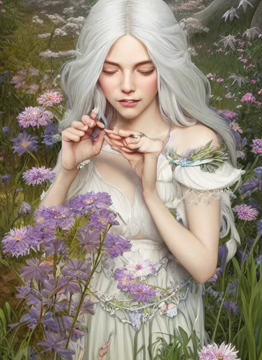 Image similar to highly detailed ilustration of a beautiful white haired woman as a fairy princess in a garden holding a bunch of wild flowers, deep focus, d & d, fantasy, intricate, elegant, highly detailed, digital painting, artstation, concept art, matte, sharp focus, illustration, hearthstone, art by artgerm and greg rutkowski and alphonse mucha