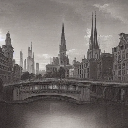 Image similar to a beautiful print of a cityscape with tall spires and delicate bridges. by george tice, by giovanni battista gaulli desaturated, ornate