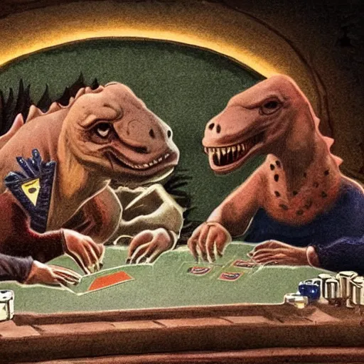 Prompt: Dinosaurs playing poker at the prehistoric dawn cave casino drawn with a left hand.