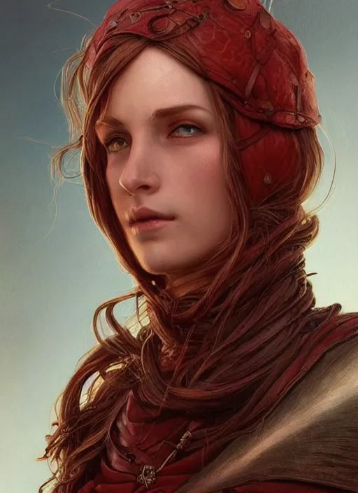 Image similar to vertical portrait of a ruggedly handsome female cleric, soft hair, close - up face, leather, witchy, d & d, fantasy, intricate, elegant, highly detailed, digital painting, artstation, concept art, smooth, sharp focus, illustration, art by artgerm and greg rutkowski and alphonse mucha, plain red background