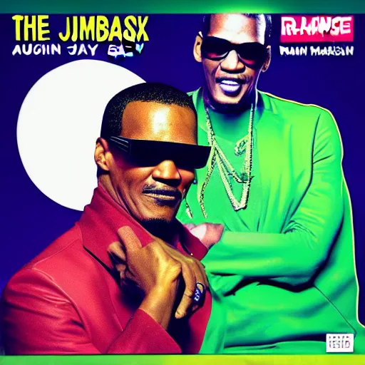 Prompt: the next best jamaican riddims dub trap phonk album cover with jamie foxx as ray charles