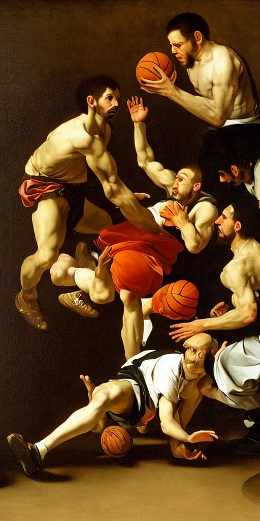 Prompt: beautifully detailed baroque oil painting of a one-on-one basketball game in prison by caravaggio