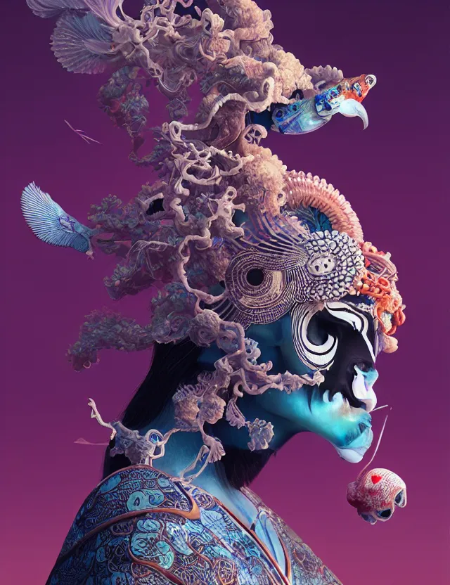 Image similar to 3 d goddess bottom - up with ram skull. beautiful intricately detailed japanese crow kitsune mask and clasical japanese kimono. betta fish, jellyfish phoenix, bio luminescent, plasma, ice, water, wind, creature, artwork by tooth wu and wlop and beeple and greg rutkowski